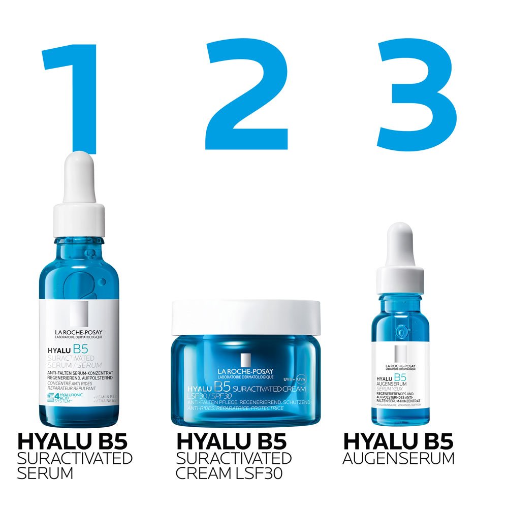 Übersichtsfoto der Hyalu-B5-Pflegeserie zur Darstellung der Anwendungsschritte. Beschriftung: ‚1 Hyalu B5 Suractivated Serum‘, ‚2 Hyalu B5 Suractivated Cream LSF30‘, ‚3 Hyalu B5 Augenserum‘.