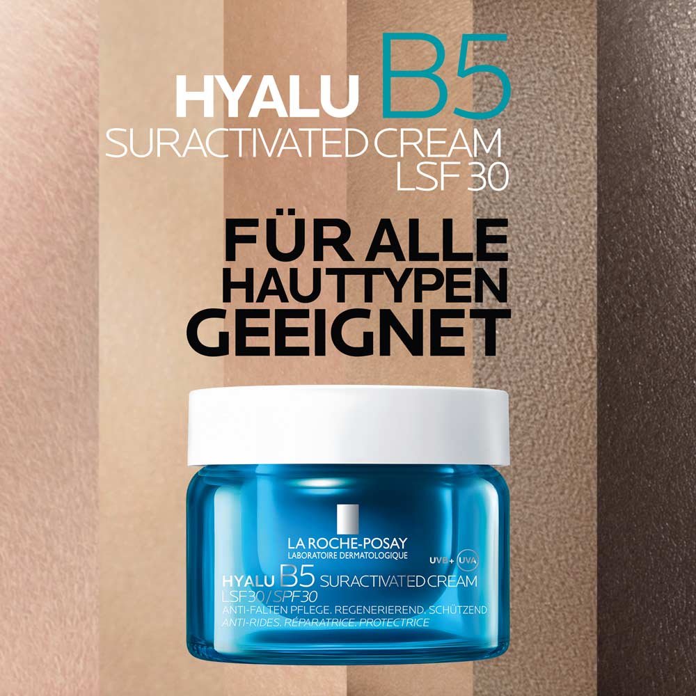 Produktfoto vor Hautfarbverlauf zur Darstellung der Eignung für alle Hauttypen. Text: ‚Hyalu B5 Suractivated Cream LSF 30 – Für alle Hauttypen geeignet‘.