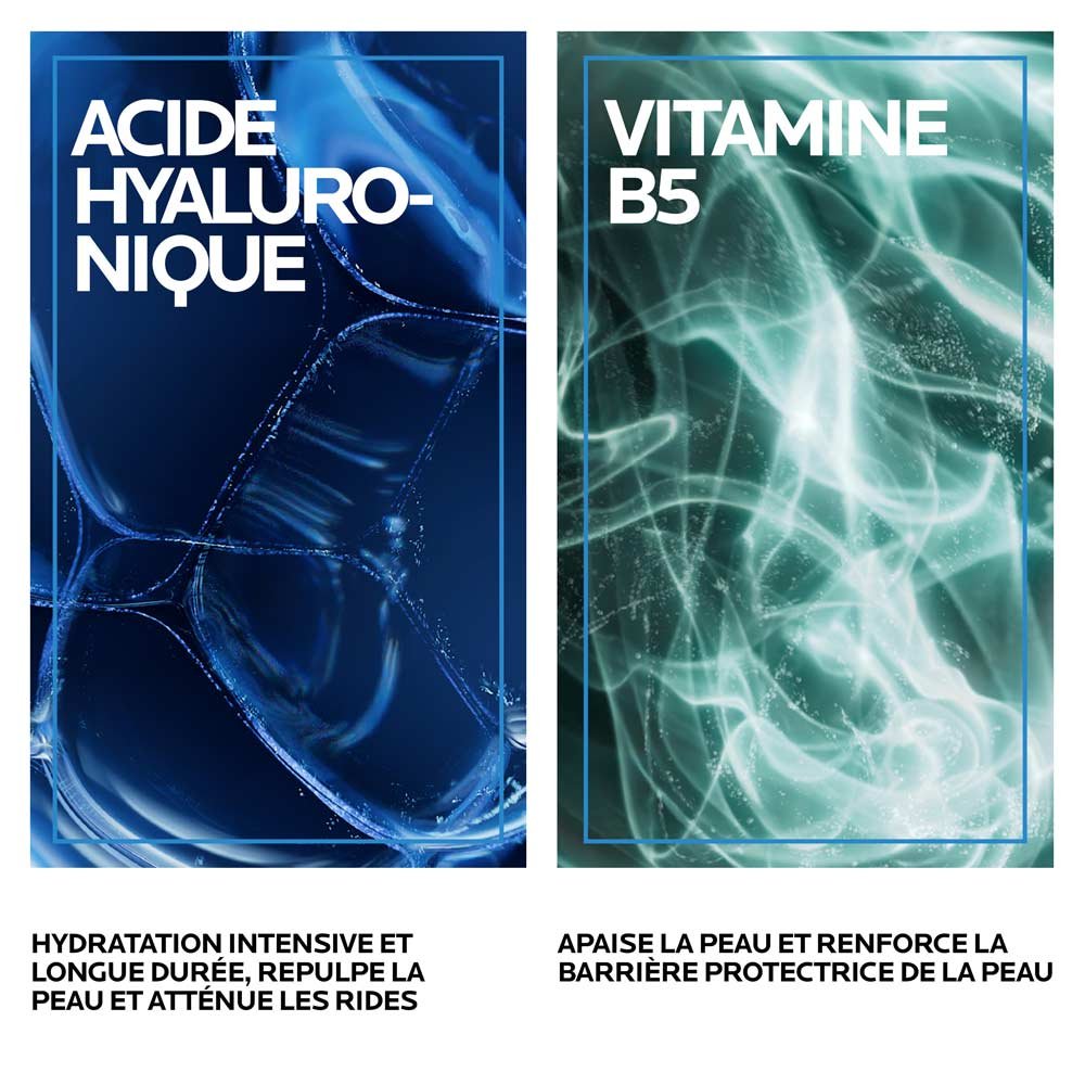 Image composée de deux éléments : à gauche, une illustration bleue avec une structure en réseau et le texte « Acide hyaluronique » ainsi que la description « Hydrate intensément et durablement, repulpe la peau et atténue les rides ». À droite, une illustration verte avec des lignes fluides et le texte « Vitamine B5 » ainsi que la description « Apaise la peau et renforce la barrière protectrice cutanée ».