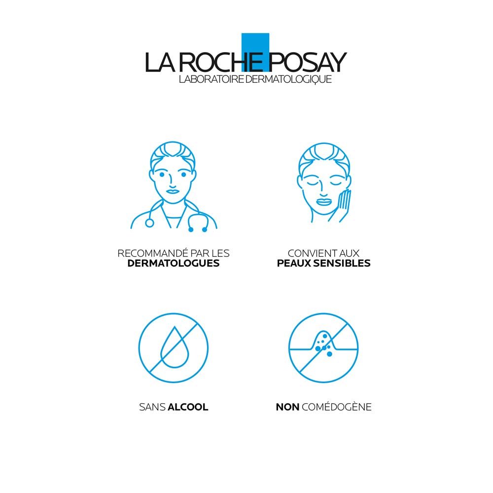 Graphique avec le logo La Roche-Posay, sous lequel figurent les slogans « Recommandé par les dermatologues », « Convient aux peaux sensibles », ainsi que les symboles « Sans alcool » et « Non comédogène ».