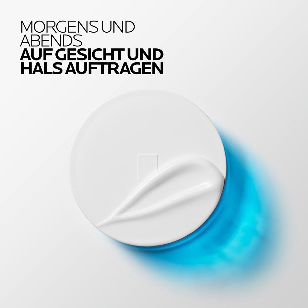 Sicht von Oben auf den Tigel der Hyalu B5 Suractivated Creme, mit dem Hinweis diese morgens und abends auf das Gesicht und den Hals aufzutragen.