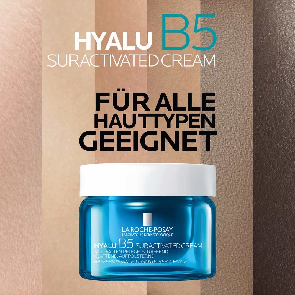 Der Tigel der Hylau B5 Suractivated Creme vor dem Hintergrund verschiedener Hauttöne, mit dem Text "Für alle Hauttypen geeignet"
