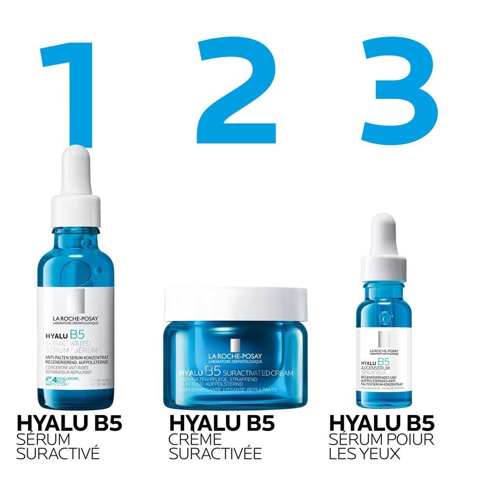 Étapes de soin : sérum Hyalu B5, crème Suractivated et soin contour des yeux dans une routine quotidienne