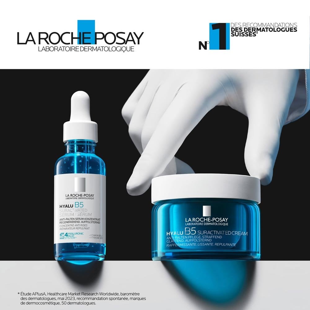 Sérum et crème Hyalu B5 avec la mention : marque de soins la plus recommandée au monde par les professionnelles en dermatologie