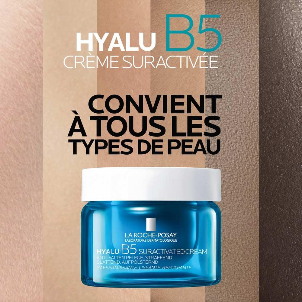 Crème Hyalu B5 présentée avec plusieurs carnations, message : convient à tous les types de peau