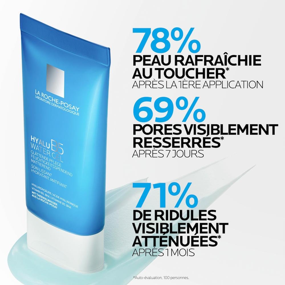 Tube de crème avec texte indiquant la satisfaction des clients en matière d'hydratation, de pores et d'atténuation des rides.