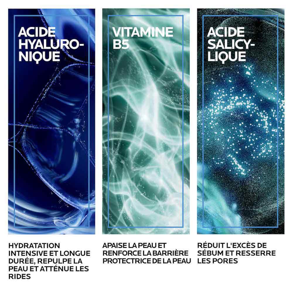 Coupes microscopiques des principes actifs acide hyaluronique, vitamine B5 et acide salicylique