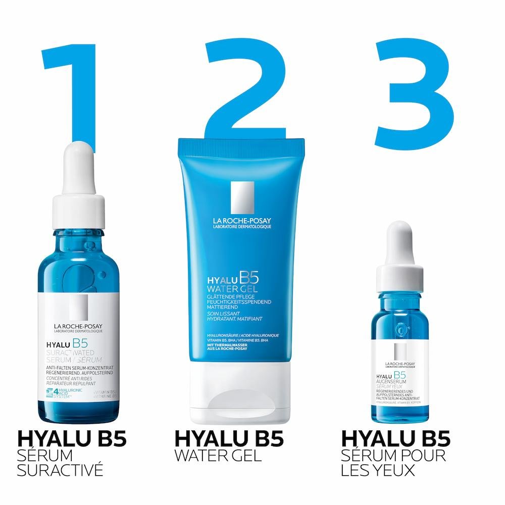 Trois produits de soin La Roche-Posay répertoriés comme routine. Sérum Hyalu B5 suracvtivated, Hyalu B5 Water Gel et Sérum Hyalu B5 pour les yeux.