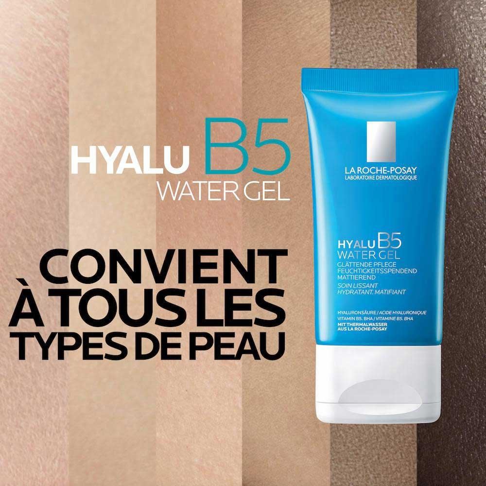En arrière-plan, on voit différents types de peau et nuances de couleur. Au premier plan, le tube de crème Hyalu B5 Water Gel avec la mention qu'il convient à tous les types de peau.