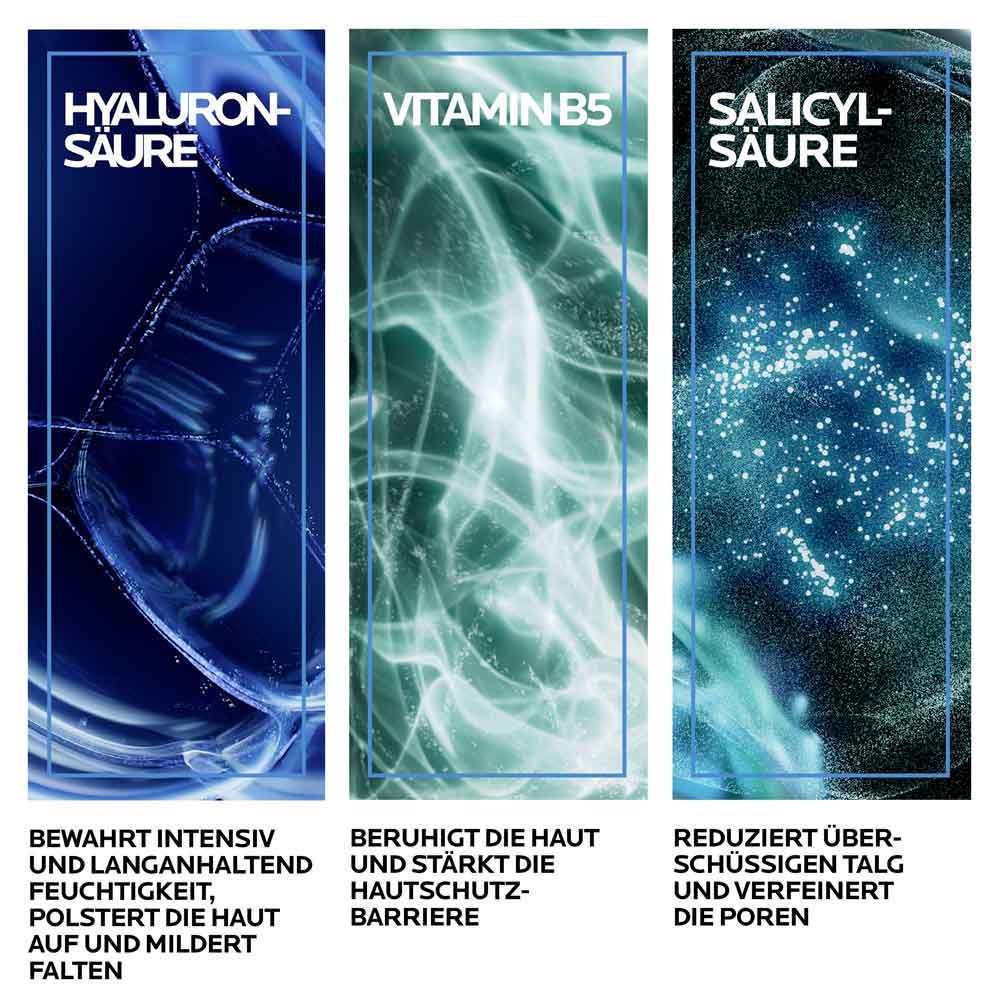 Mikroskopausschnitte von Wirkstoffen Hyaloronsäure, Vitamin B5 und Salicylsäure
