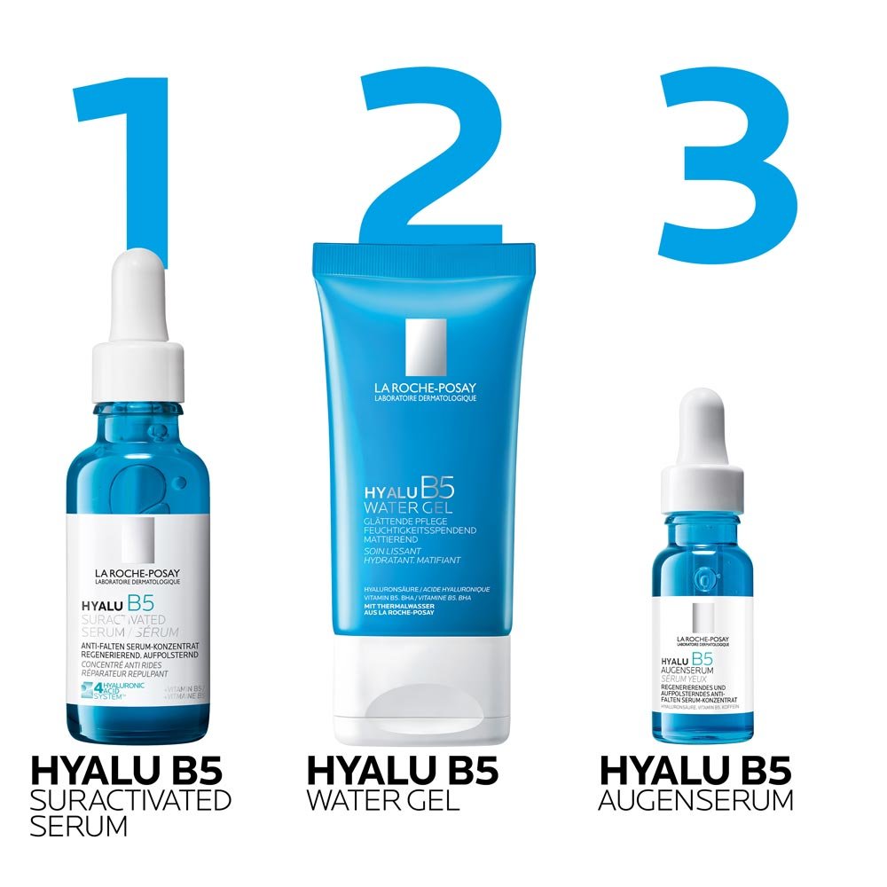 Drei Pflegeprodukte von La Roche-Posay als Routine aufgelistet. Hyalu B5 suracvtivated Serum, Hyalu B5 Water Gel und Hyalu B5 Augenserum