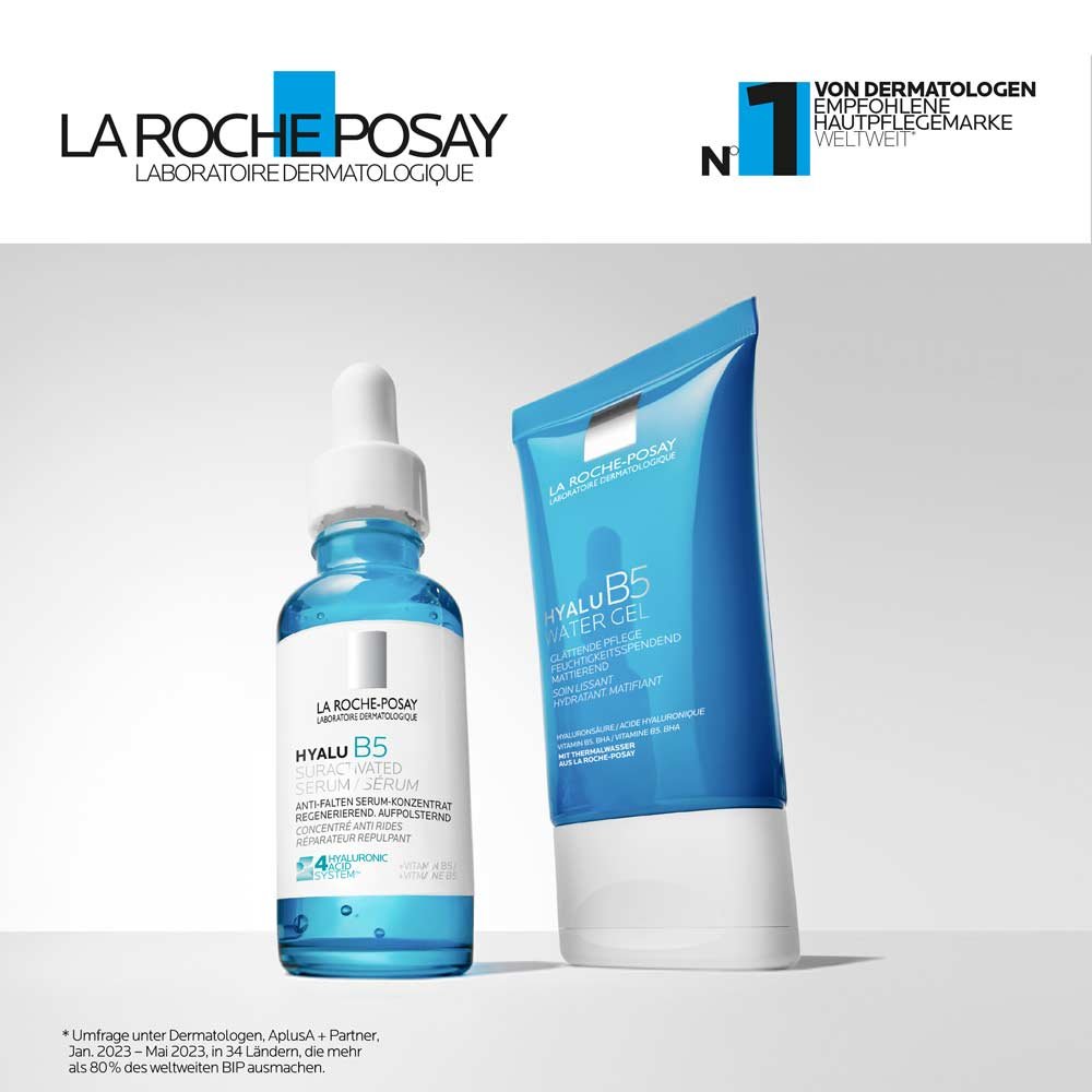 Zwei Produkte von La Roche-Posay nebeneinander: Hyalu b% suractivated Serum und Hyalu B5 Water Gel