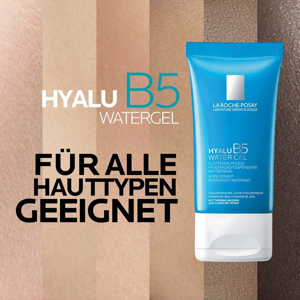 Als Hintergrund sieht man verschiedene Hauttypen und Farbnuancen. Im Vordergrund die Creme-Tube Hyalu B5 Water Gel mit Hinweis, dass es für alle Hauttypen geeignet ist