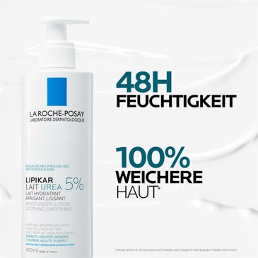Produktbild betont Wirkung bei trockener, rauer Haut – Lipikar Lait Urea 5 % spendet 48 h Feuchtigkeit