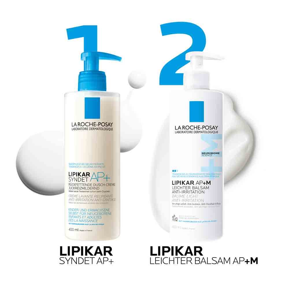 Zwei Produkte Lipikar Syndet AP+ und Lipikar Leichter Balsam AP+M von La Roche-Posay als Pflegeroutine abgebildet.