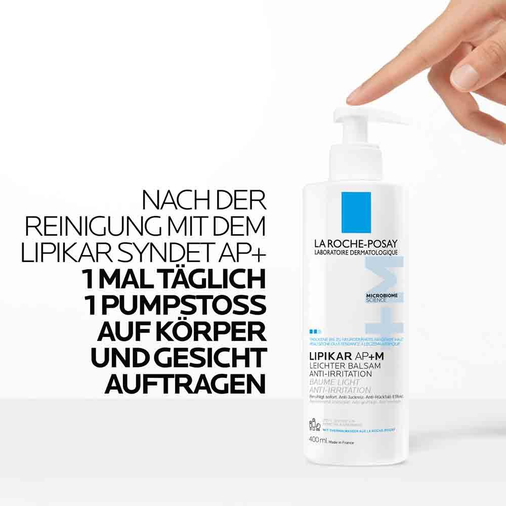 Anwendung: Nach Reinigung mit Lipikar Syndet AP+ täglich einen Pumpstoss Lipikar AP+M auf Körper und Gesicht auftragen.