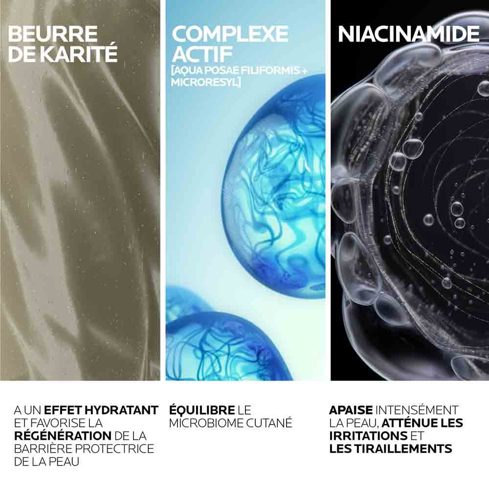 Beurre de karité, complexe actif et niacinamide illustrés, hydratent, régénèrent et apaisent la peau.