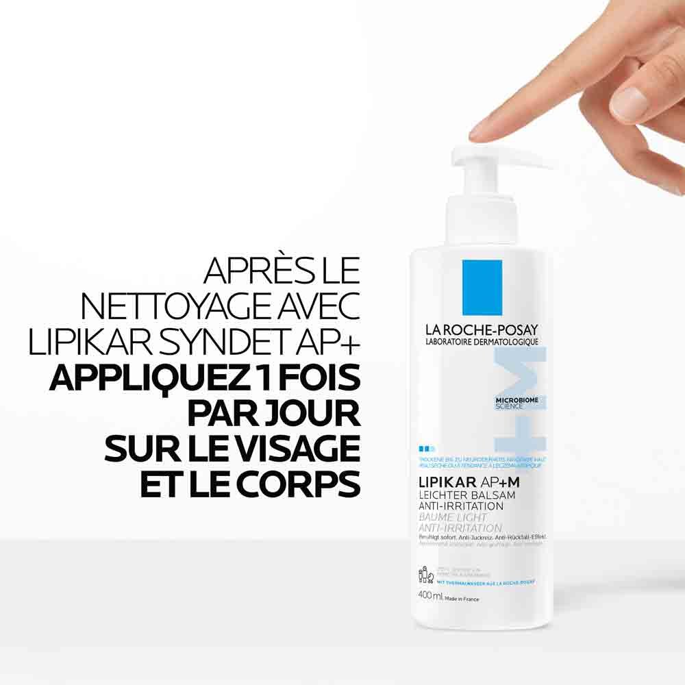 Conseil d’utilisation : après le nettoyage avec Lipikar Syndet AP+, appliquer le baume AP+M une fois par jour sur visage et corps.