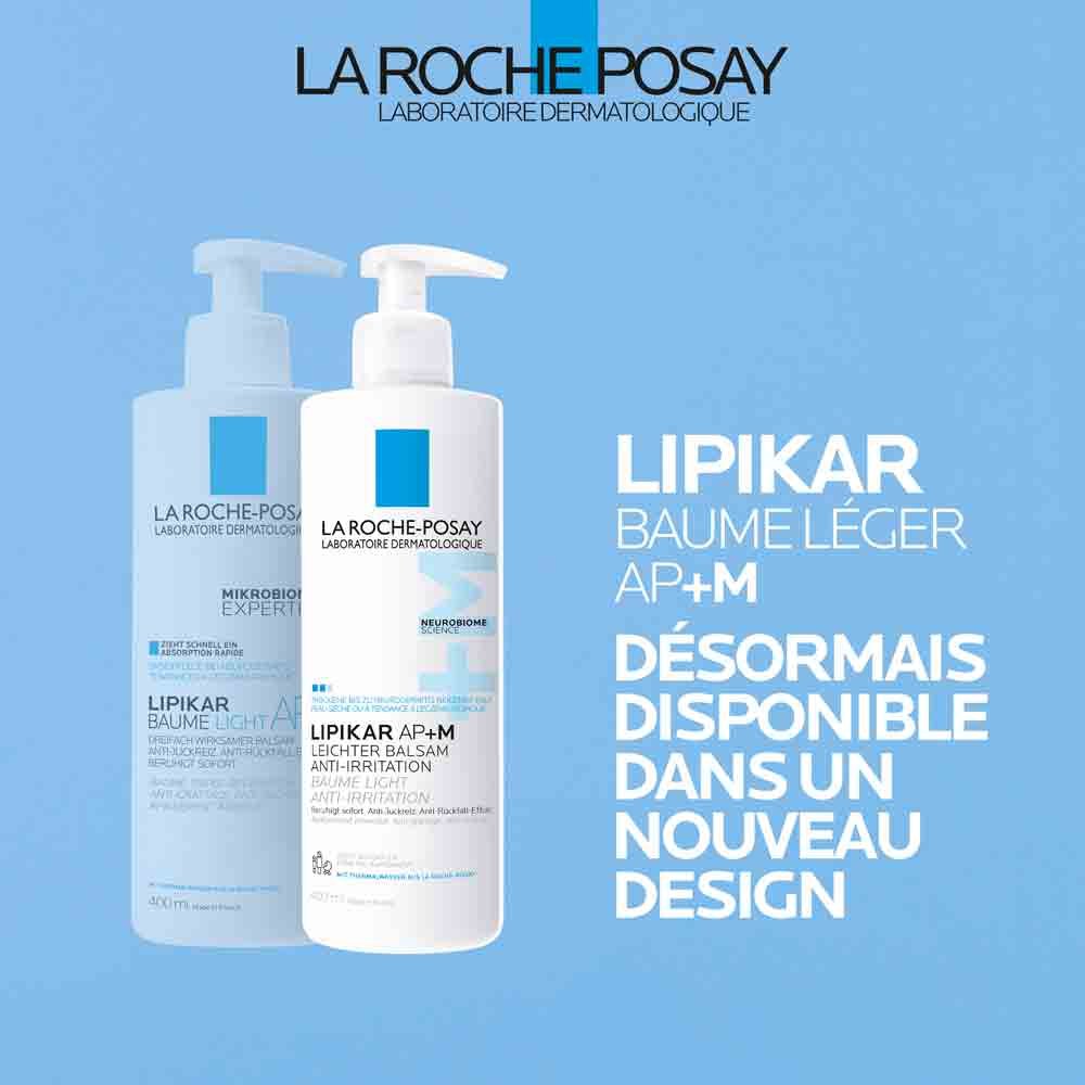 Deux flacons Lipikar Baume Léger AP+M La Roche-Posay, désormais disponible dans un nouveau design bleu et blanc.
