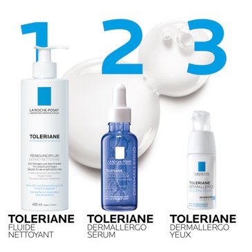 La routine parfaite pour les peaux sensibles : étape 1, le fluide nettoyant Toleriane, étape 2, le sérum Toleriane Dermallergo et étape 3, la crème pour les yeux Dermallergo.