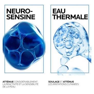Les neurosensines atténuent la réactivité et la sensibilité de la peau, tandis que l'eau thermale apaise la peau et atténue les irritations.